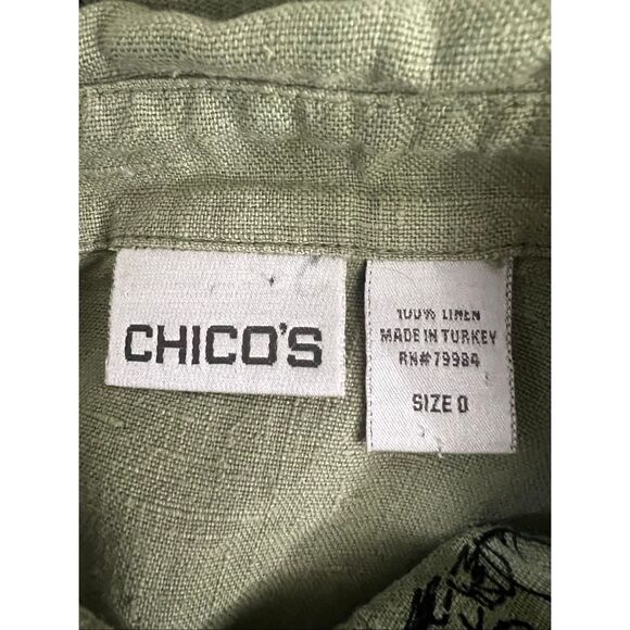 Chico's Sage Green Linen Monkey Print Button-Up Shirt Size 0 (4) Slit 3/4-Sleeve - Picture 10 of 13